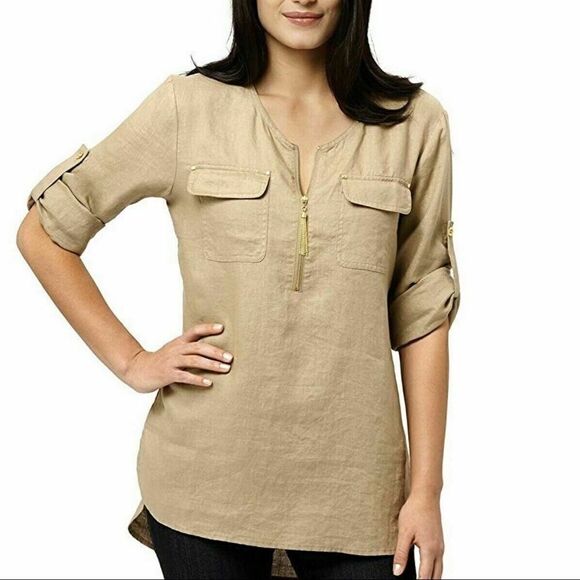 🎄Ellen Tracy Linen Roll Tab Tunic - Picture 1 of 7